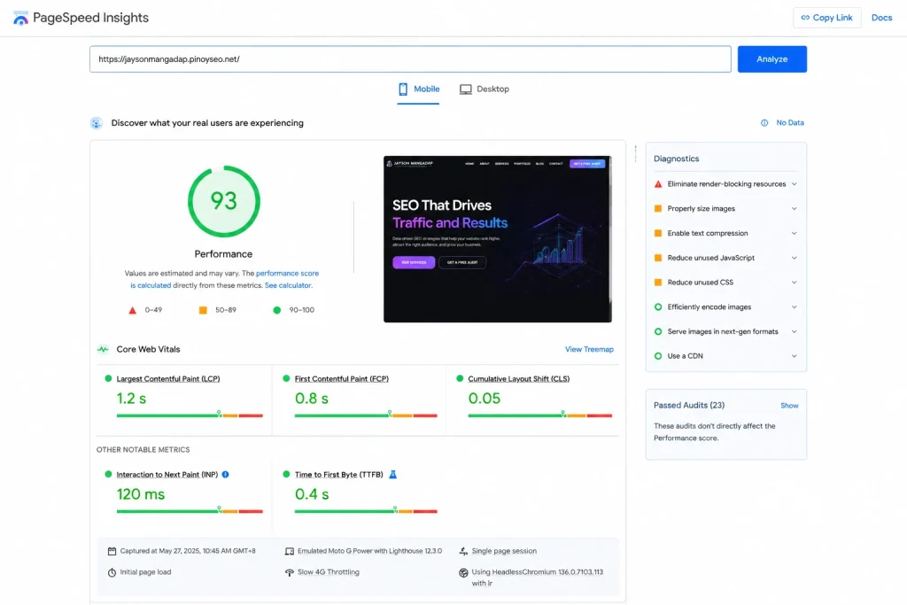 Google PageSpeed Insights report showing website performance improvements