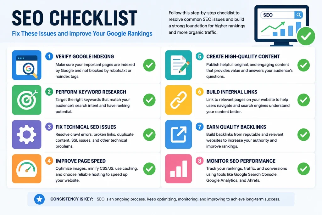 SEO optimization checklist for improving Google rankings and organic traffic