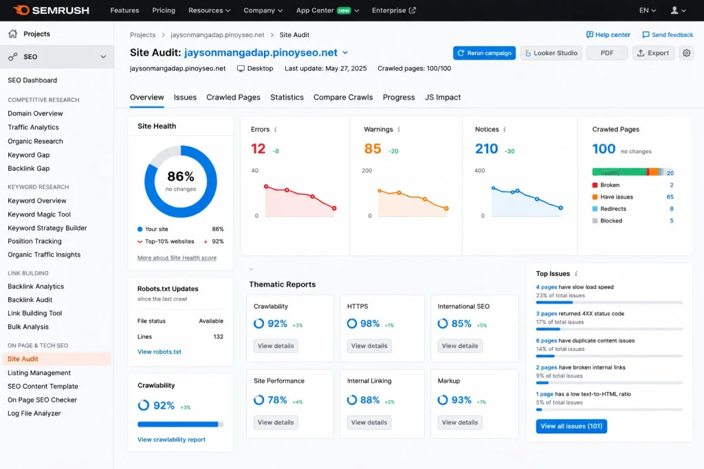 Technical SEO audit identifying issues affecting Google rankings