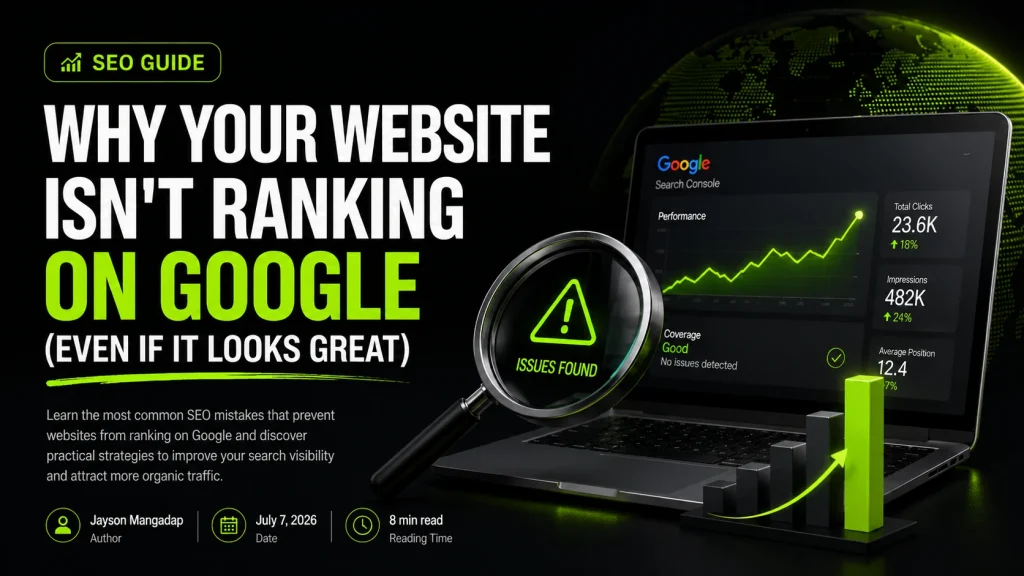 Technical SEO illustration explaining common reasons websites fail to rank on Google Search results.